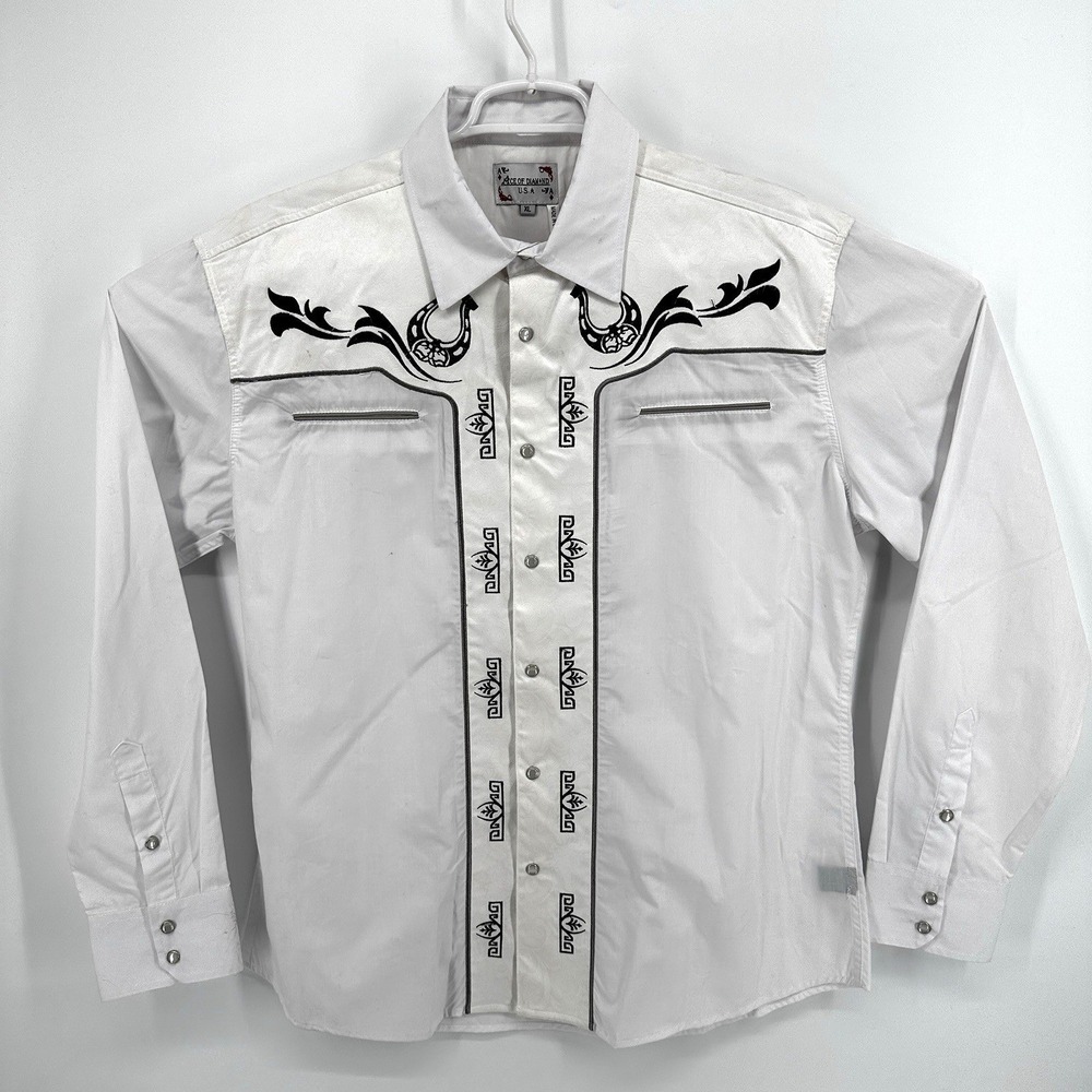 Ace Of Diamond Shirt Mens XL White Western Pearl Snap Cowboy Long Sleeve Rodeo